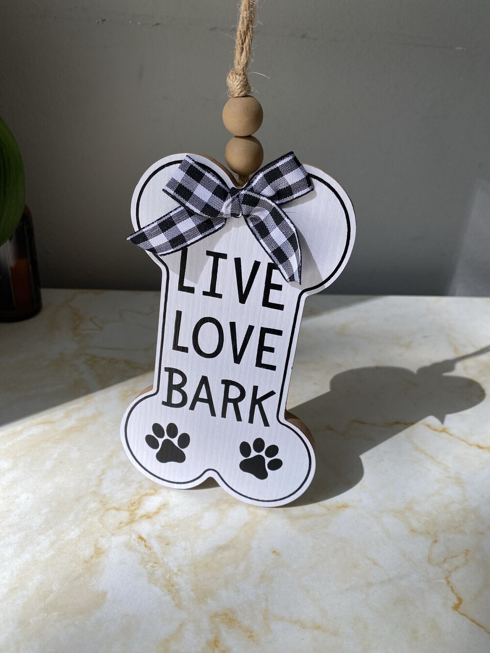 New with Tags Live Love Bark Dog Bone Hanging Sign Gingham Bow